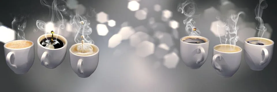 3d rendering of many coffee cups floating in zero gravity. Stock Illustration