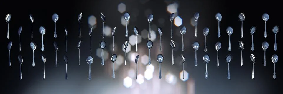 3d rendering of many coffee spoons floating in zero gravity. Stock-Illustration