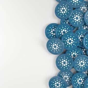 3d rendering of many coins with the logo of the cryptocurrency Cardano (ADA). Ilustración de archivo