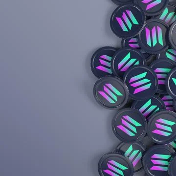3d rendering of many coins with the logo of the cryptocurrency Solana (SOL). Ilustración de archivo