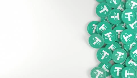 3d rendering of many coins with the logo of the cryptocurrency Tether (USDT). イラスト素材