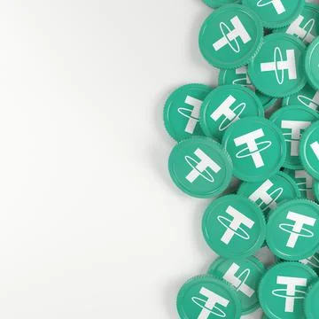 3d rendering of many coins with the logo of the cryptocurrency Tether (USDT). イラスト素材