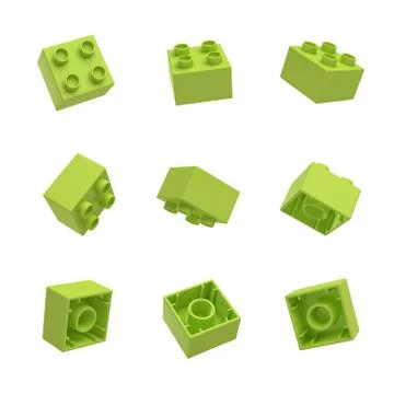 3d rendering of many green toy blocks hanging in the air and shown from all Stock Illustration