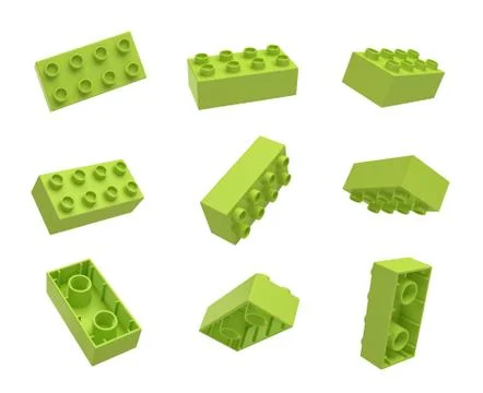 3d rendering of many green toy blocks hanging in the air and shown from all Illustrazione stock