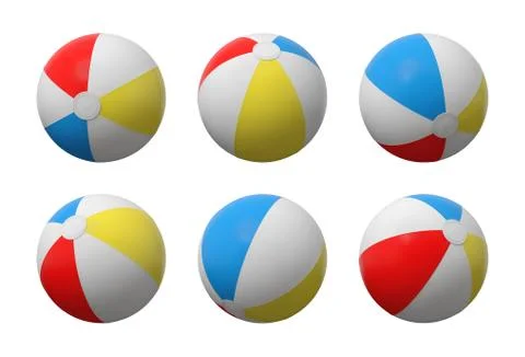3d rendering of many identical inflated beach balls with white, red, yellow and Stock Illustration