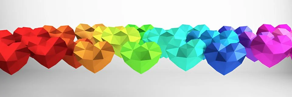 3D rendering. Many multicolored polygonal hearts, valentines day Stock Photos