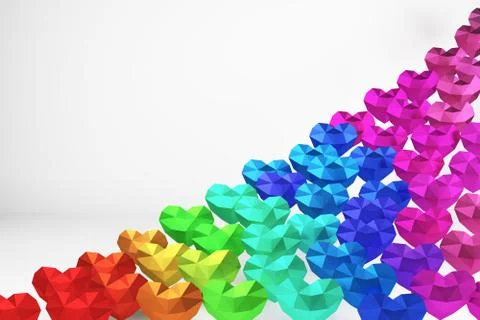 3D rendering. Many multicolored polygonal hearts, valentines day Foto stock