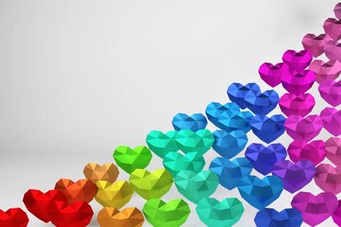 3D rendering. Many multicolored polygonal hearts, valentines day Stock Photos