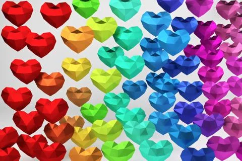 3D rendering. Many multicolored polygonal hearts, valentines day Stock Photos