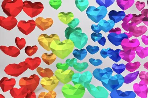 3D rendering. Many multicolored polygonal hearts, valentines day Stock Photos