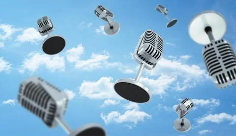 3d rendering of a many old style microphones with a small round table stand fly Stock Illustration