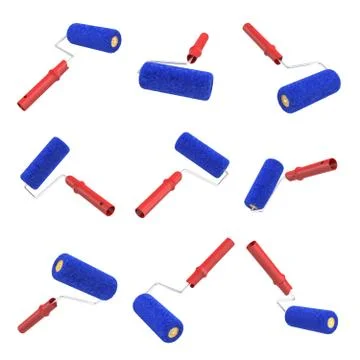 3d rendering of a many paint rollers in different angles hanging on a white Stock Illustration