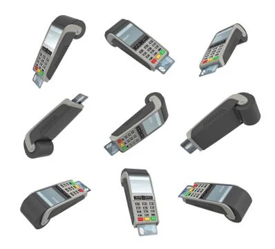 3d rendering of many POS terminals hanging on white background in different Stock Illustration