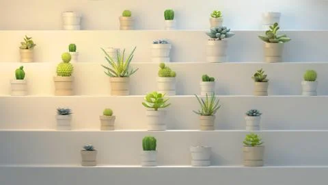 3d rendering of many pots with succulents on white abstract background Stock-Illustration
