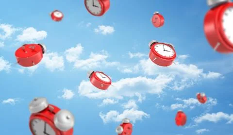 3d rendering of a many red retro-looking alarm clocks with metal bells fall down Stock Illustration