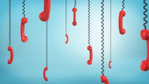 3d rendering of many red retro phone receivers hang down from black cords on a Stock Illustration