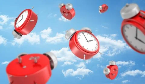3d rendering of a many red round retro alarm clocks falling down on the イラスト素材