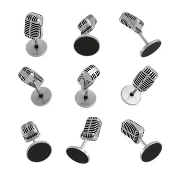 3d rendering of many retro table microphones in different views on white Stock Illustration