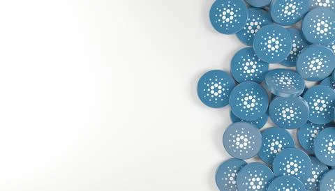 3d rendering of many round buttons with the logo of Cardano (ADA). Ilustración de archivo