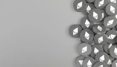 3d rendering of many round buttons with the logo of Ethereum (ETH). Stock Illustration