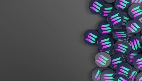 3d rendering of many round buttons with the logo of Solana (SOL). Ilustración de archivo