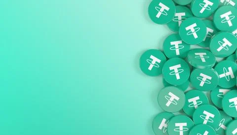 3d rendering of many round buttons with the logo of Tether (USDT). イラスト素材