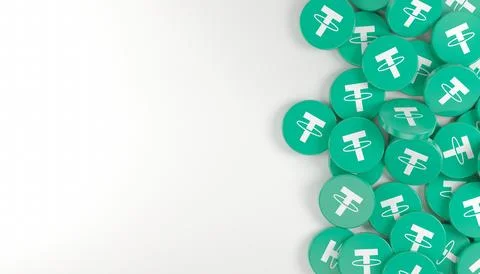 3d rendering of many round buttons with the logo of Tether (USDT). イラスト素材