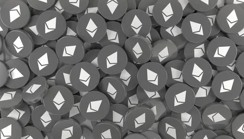 3d rendering of many round buttons with the logo of Ethereum (ETH). Stock Illustration
