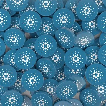 3d rendering of many round buttons with the logo of Cardano (ADA). Ilustración de archivo
