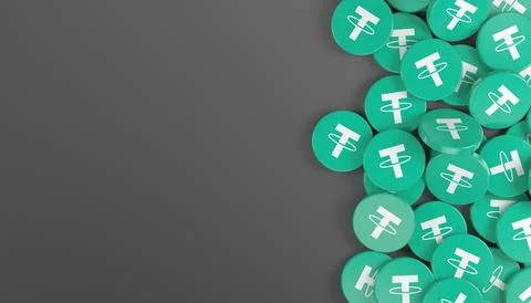3d rendering of many round buttons with the logo of Tether (USDT). イラスト素材