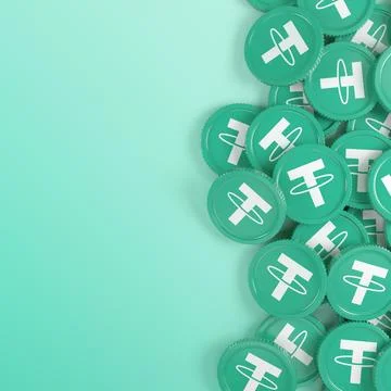 3d rendering of many round buttons with the logo of  Tether (USDT). イラスト素材