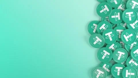 3d rendering of many round buttons with the logo of the cryptocurrency Tether. イラスト素材