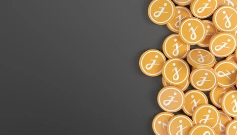 3d rendering of many round buttons with the logo of the cryptocurrency Jasmy. Stock Illustration