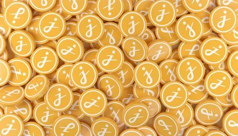 3d rendering of many round buttons with the logo of the cryptocurrency Jasmy. Stock Illustration