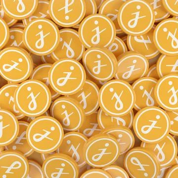 3d rendering of many round buttons with the logo of the cryptocurrency Jasmy. Stock Illustration