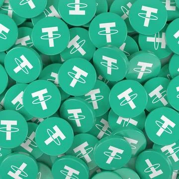 3d rendering of many round buttons with the logo of the cryptocurrency Tether. イラスト素材