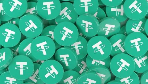 3d rendering of many round buttons with the logo of Tether (USDT). イラスト素材