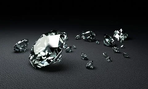 3D Rendering many size diamonds on dark gray  surface Stock Illustration