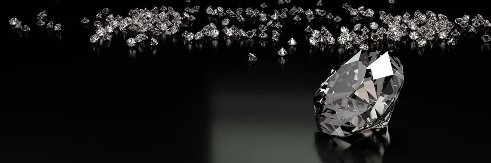3D Rendering many size diamonds on a black surface with reflection. Stock Illustration