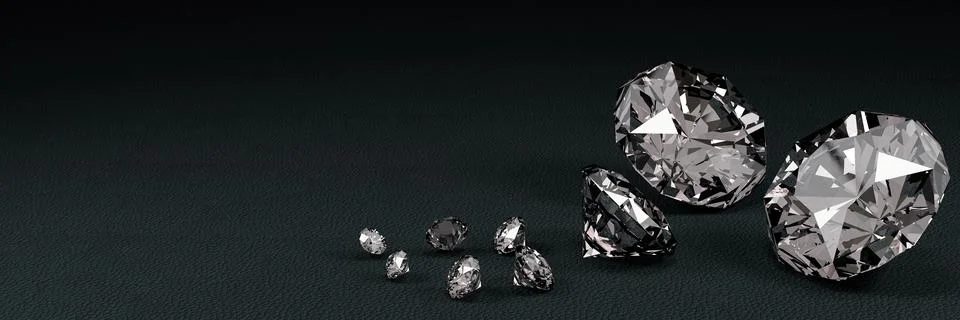 3D Rendering many size diamonds on a black surface with reflection. Stock Illustration
