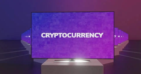 3D rendering of many TV sets showing text screensaver Cryptocurrency, concept Stock Footage 158258358