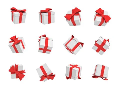 3d rendering of many white gift boxes flying on white background in different Stock Illustration