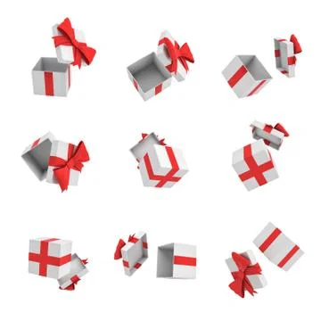 3d rendering of many white gift boxes with open cover and a red bow flying on Stock Illustration