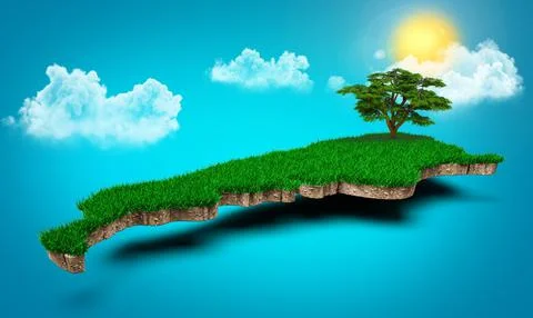 3D rendering of the map of Argentina, clouds, trees, and sun on the blue backgro Illustrazione stock