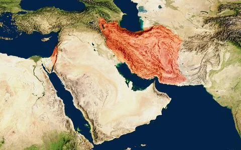 3D rendering of a map of the Middle East, focusing on Israel and Iran. Stock Illustration
