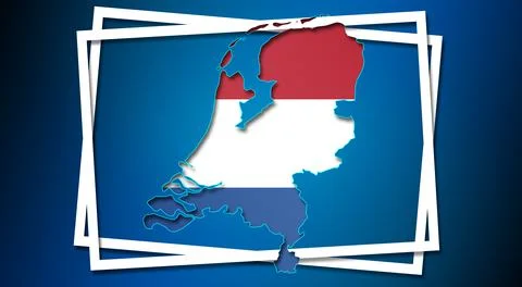 3D rendering of a map of Netherlands land border with a flag in white frames 스톡 일러스트