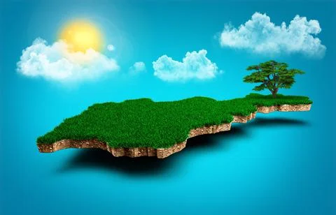 3D rendering of a map with the sun and clouds on a blue background イラスト素材