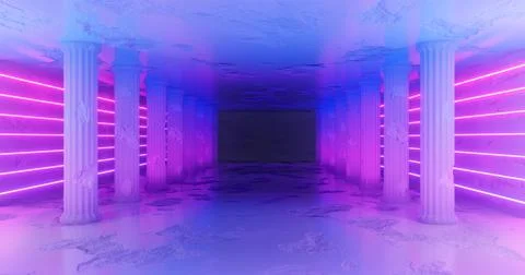 3d rendering. Marble corridor with damaged columns with blue and pink neon st Stock Illustration