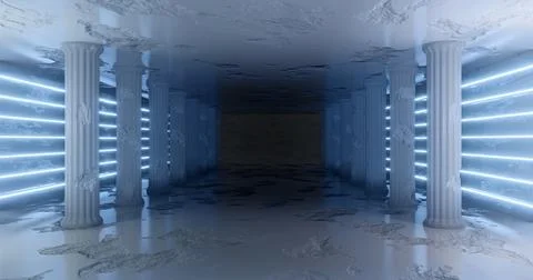 3d rendering. Marble corridor with damaged columns with light blue neon strip Stock Illustration
