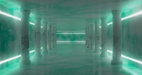 3d rendering. Marble corridor with damaged columns with light blue neon strip Stock Illustration